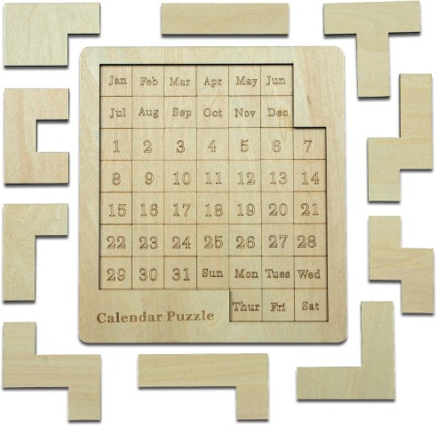 A grid contains all the months, dates, and weekdays. Ten puzzle pieces must be placed within the frame to cover all spaces except the current date.